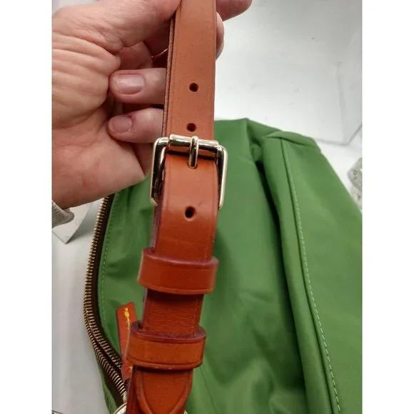 NWT Dooney & Bourke Green Nylon Hobo Shoulder Bag W/ Brown Leather Trim & Zipper